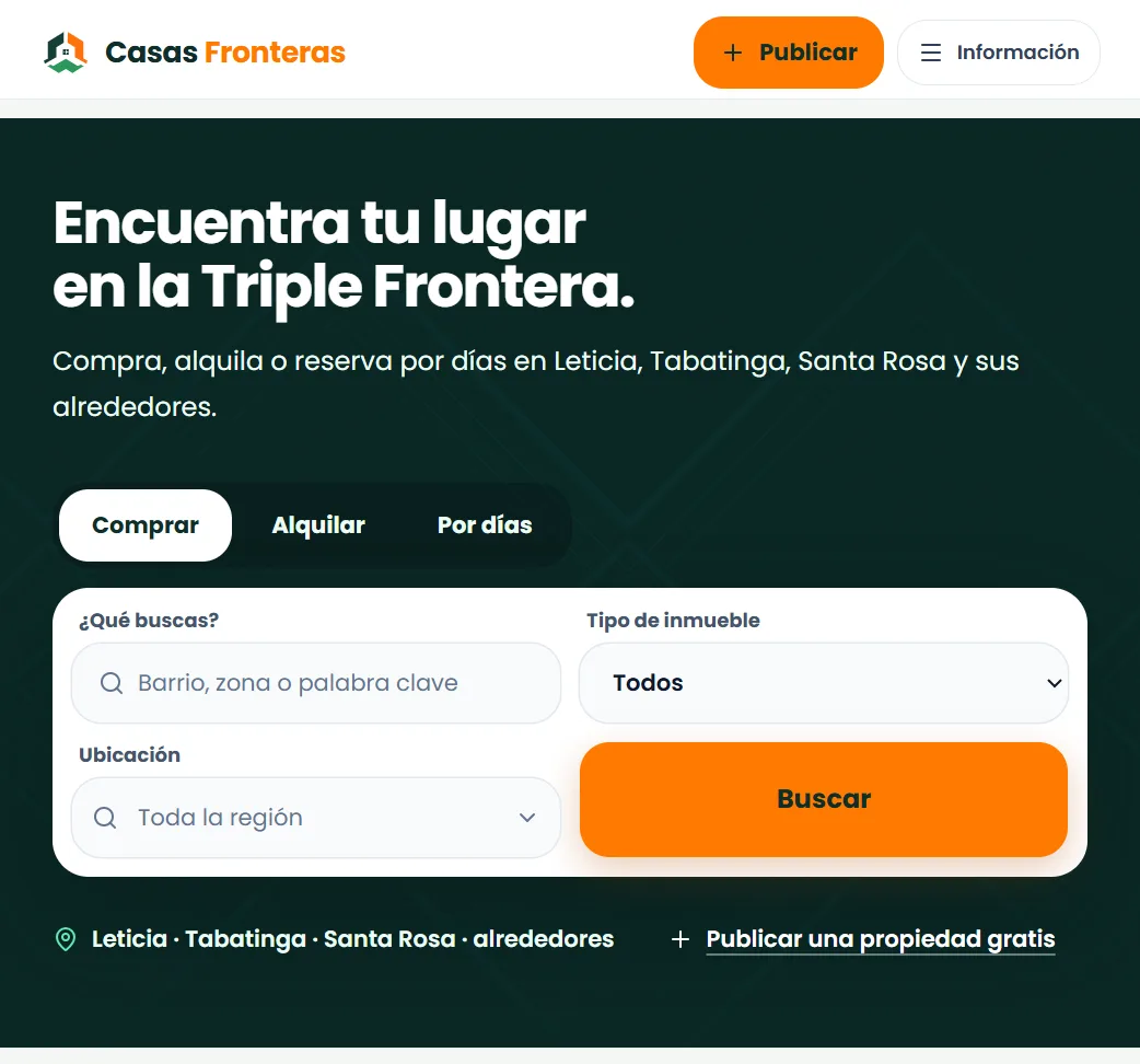 Captura real de CasasFronteras.com, portal inmobiliario de la Triple Frontera Amazónica